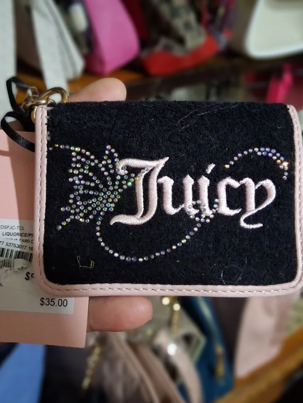 Juicy Couture Black and Pink Rhinestone Embroidered Card Case